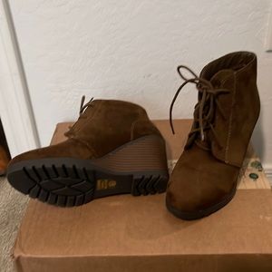 Brown wedge booties